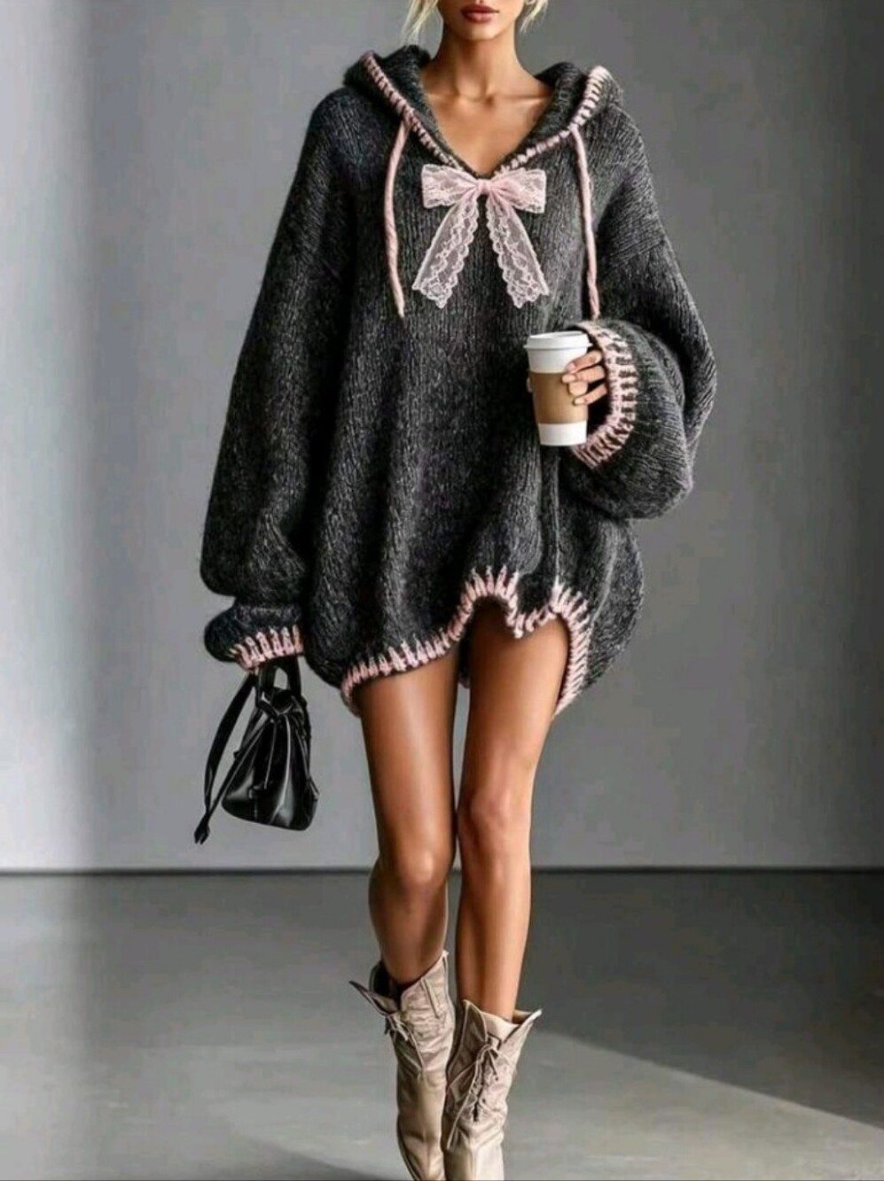 Women's Lace Bow Decor Drop-Shoulder Long Sleeve Hooded Knit Dress